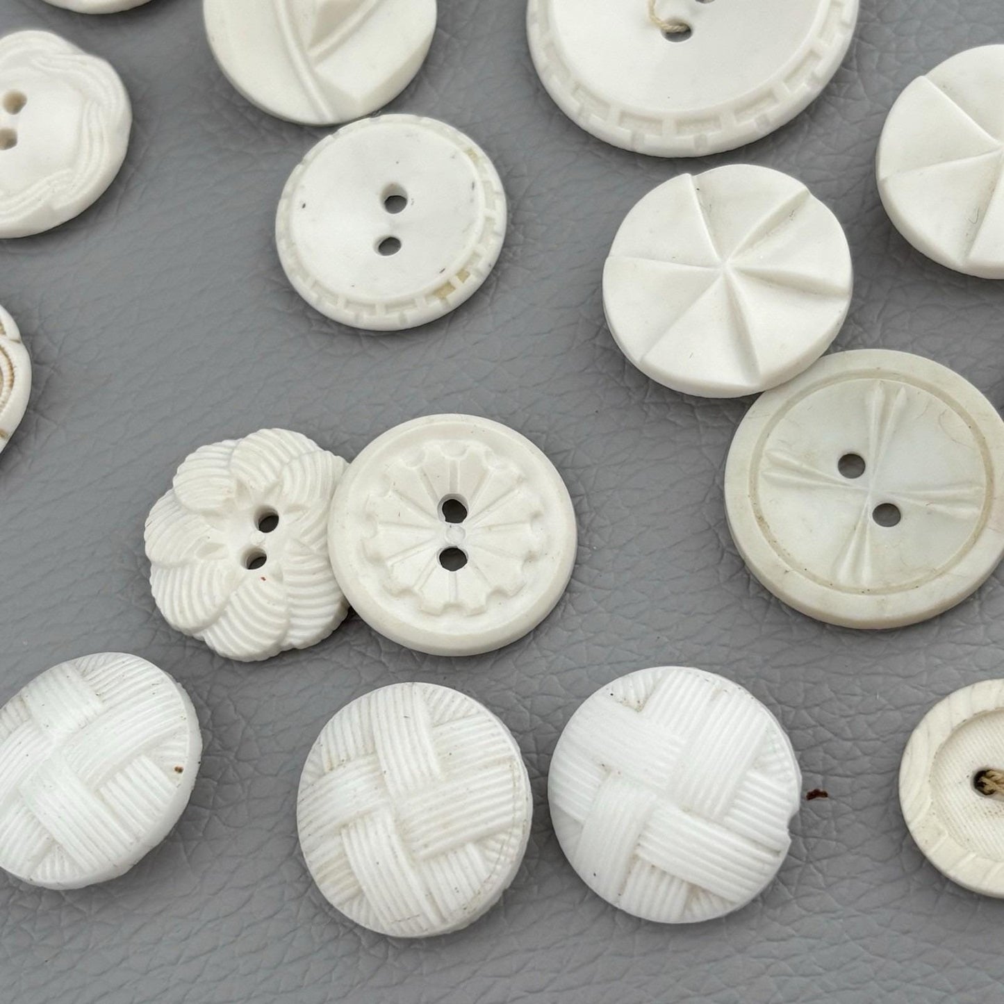 Antique White Carved Buttons Lot – Casein & Milk Glass Mix ~40pcs 1920s–40s