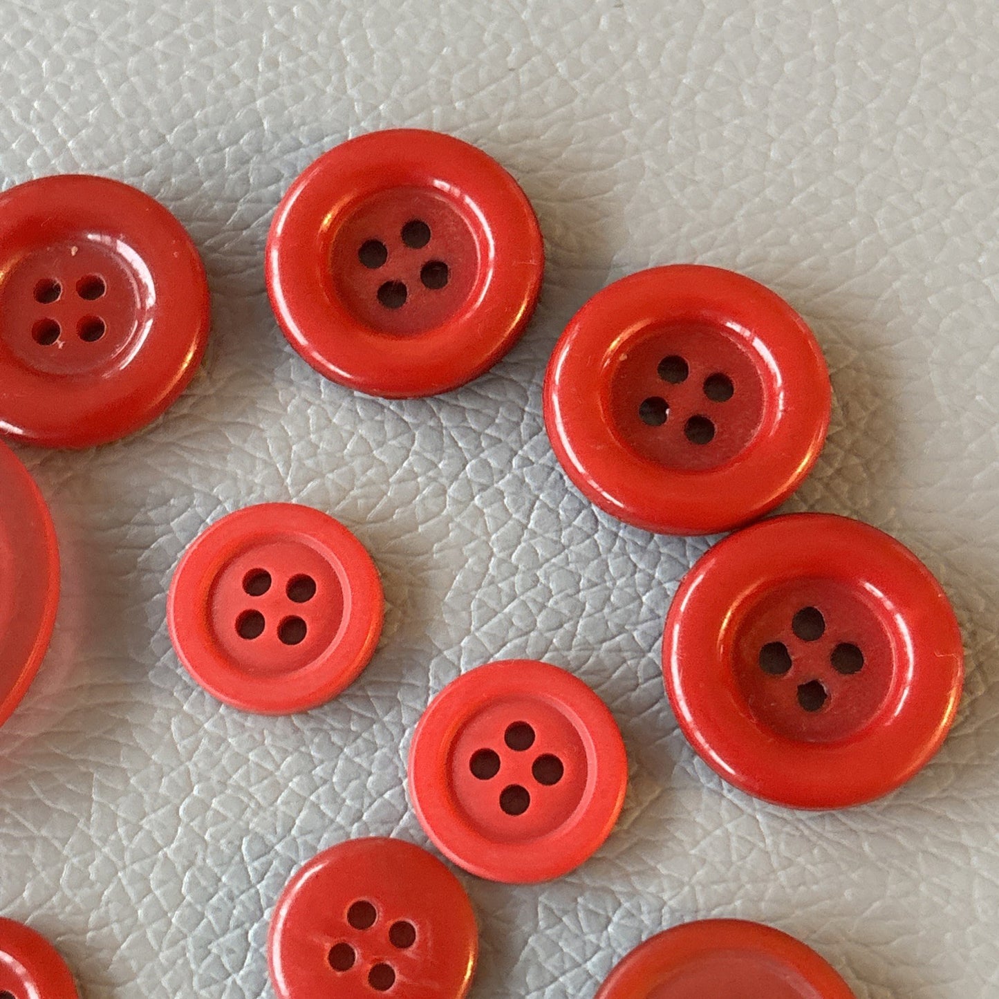 Vintage Red Four Hole Button Lot Made Of Early Plastic 3 Large,  Small + Medium