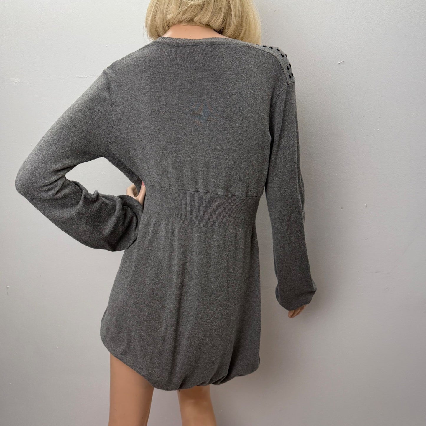 Danny Be Grey Studded Tunic Dress Balloon Sleeve Empire Waist Y2K Indie Sleeze
