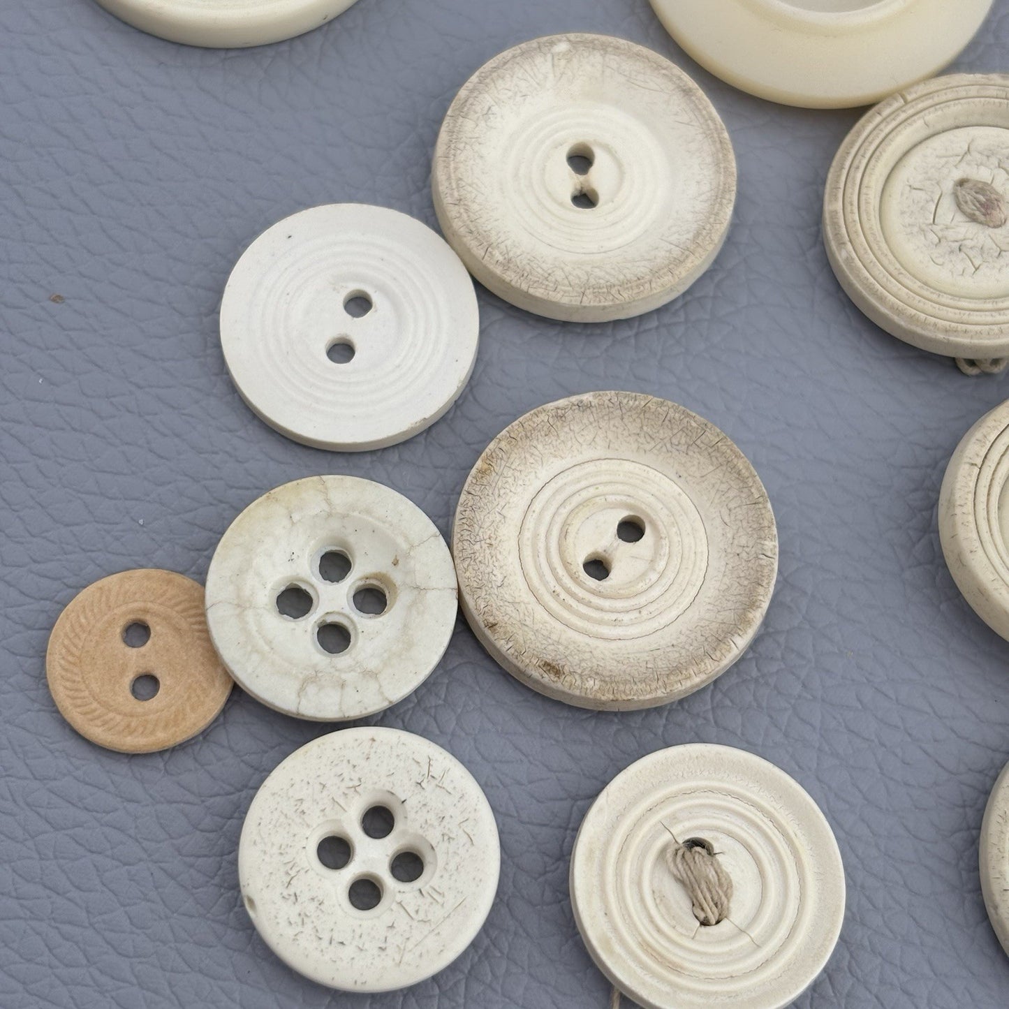 Antique Casein + Fabric Buttons Lot – Natural Ivory Beige Mix ~35pcs Early 1900s