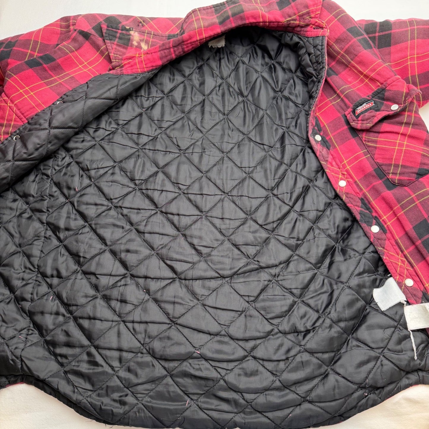 Dickies Mens Red Black Plaid Flannel Shirt Distress workwear Size Small thrashed