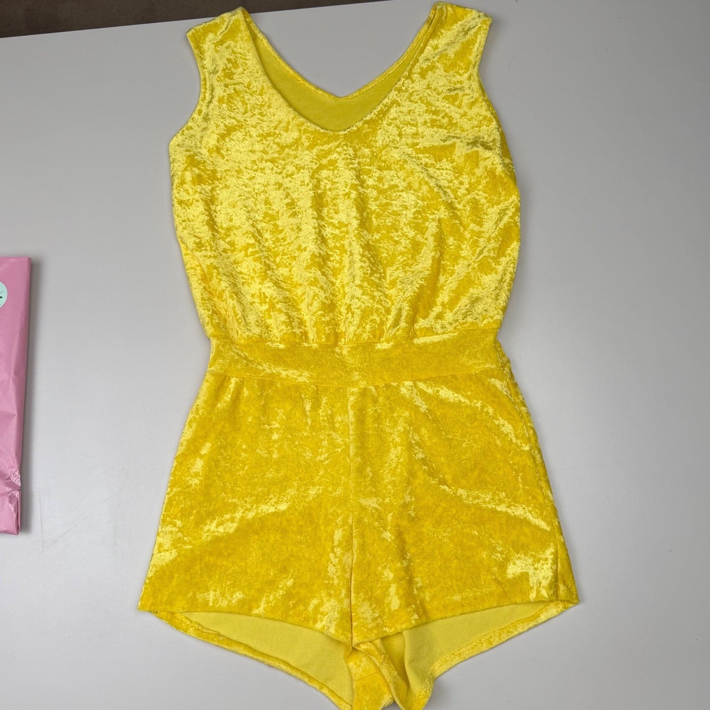 Vintage handmade Yellow 80's Romper Crushed Velvet Sleeveless V-Neck Retro Sz S