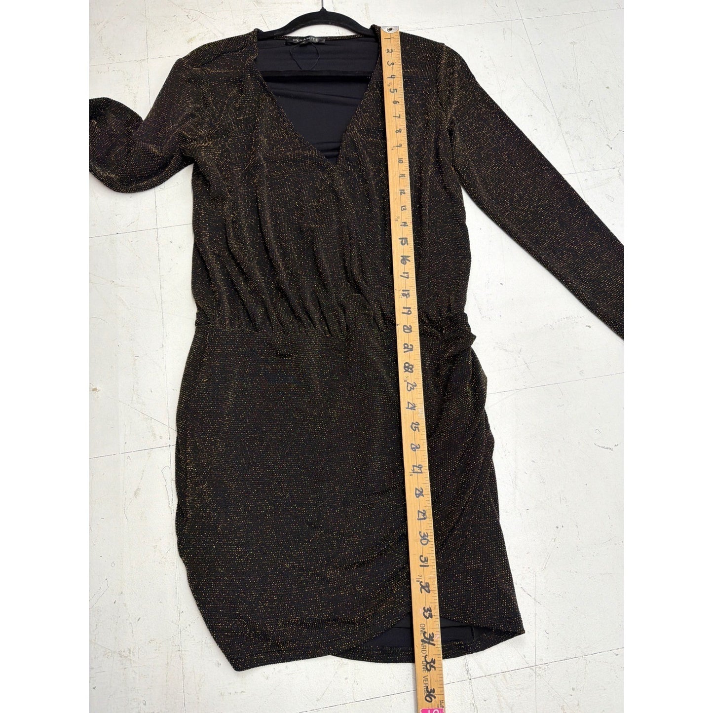 Dynamite Gold Shimmer Black Dress Ruched Long Sleeve Y2K Goth Indie Sleaze M