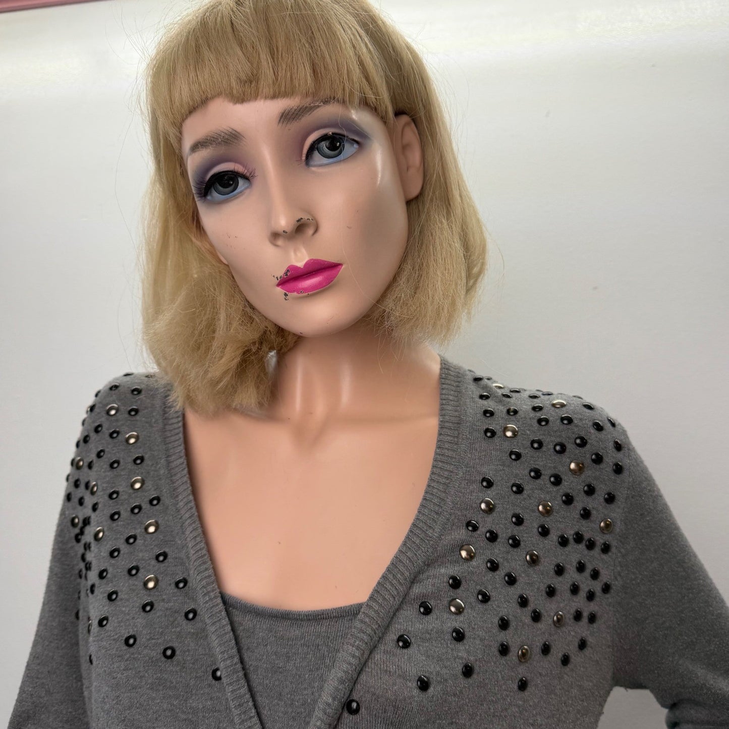 Danny Be Grey Studded Tunic Dress Balloon Sleeve Empire Waist Y2K Indie Sleeze