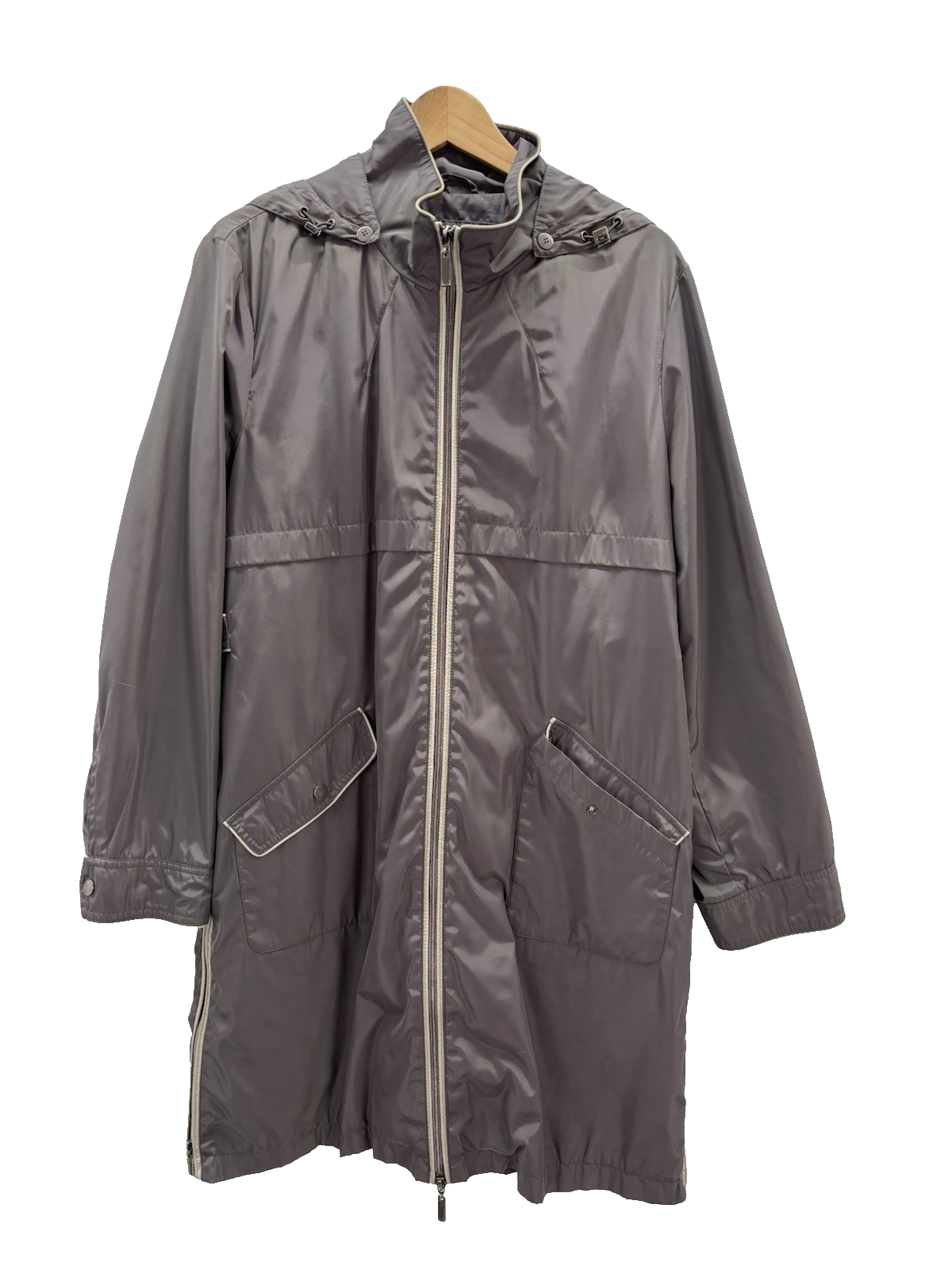 Hilary Radley Newyork Women's Taupe Jacket Zip Up Sz Large Hood Small Stain