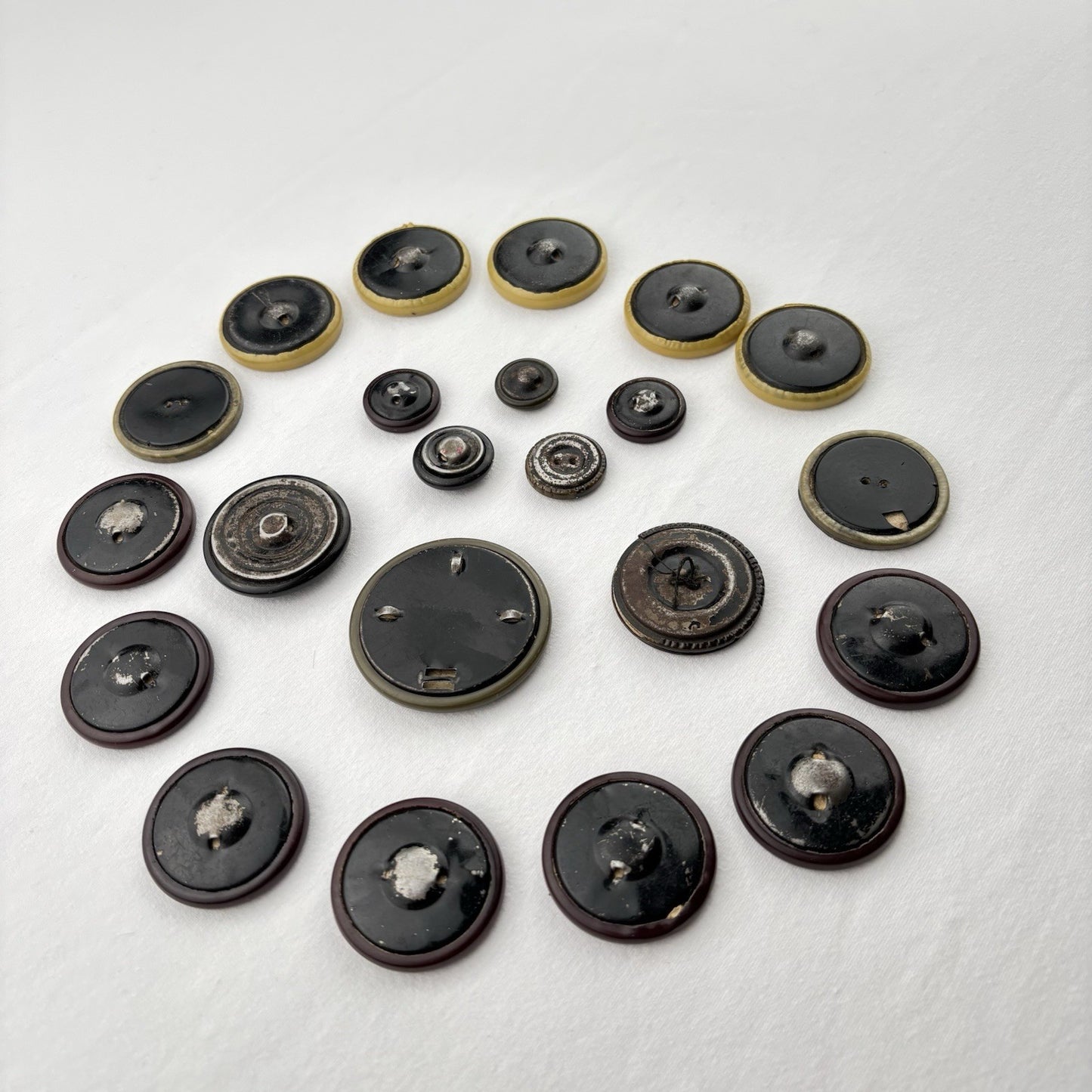 Vintage Composite Button Lot ~ 22pc Mixed Bakelite Era Brown Black Metal Shank