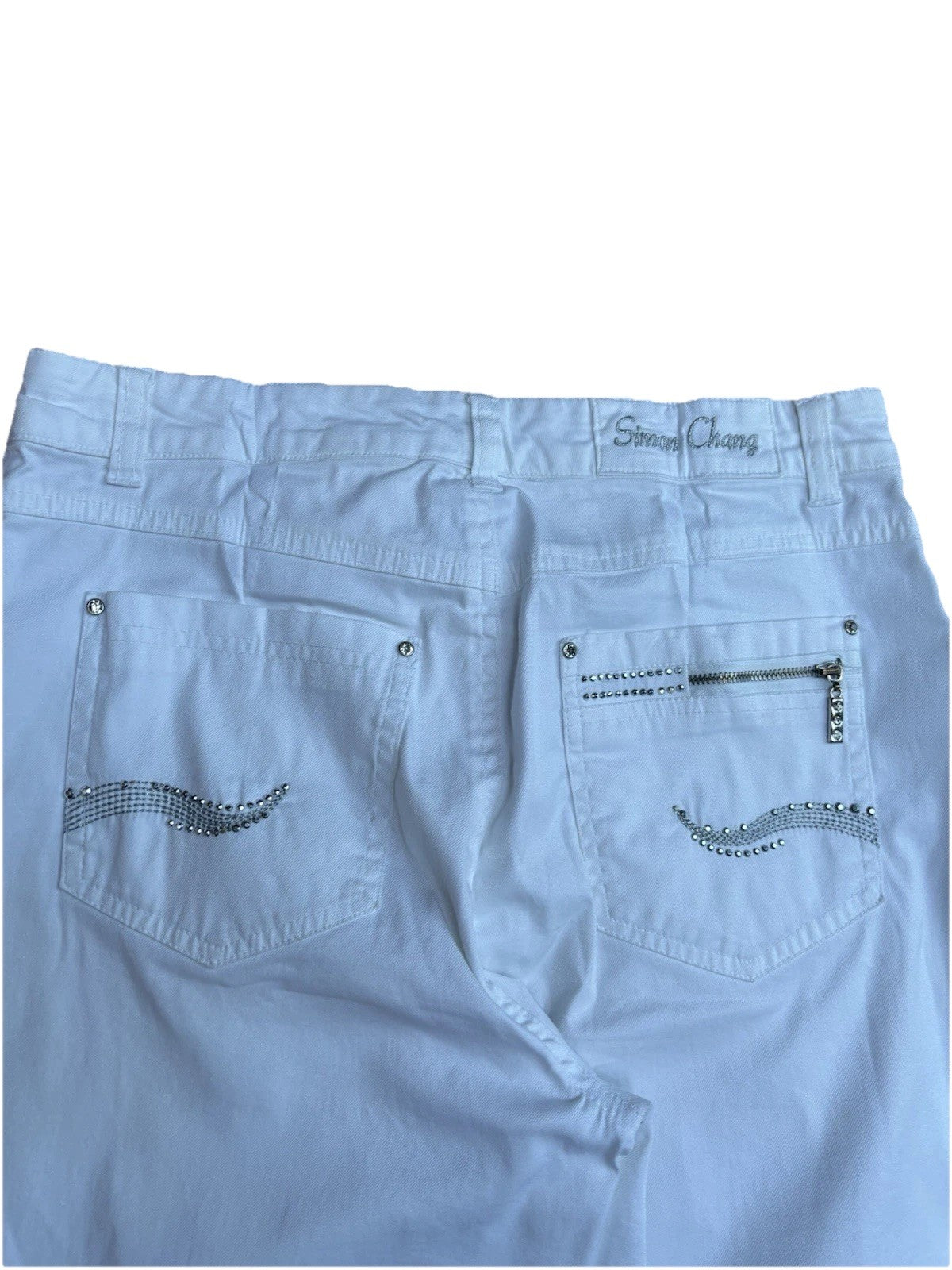 Women's White Capri Simon Chang Jeans Size 4 Crystal Detail Pockets Leg Zippers