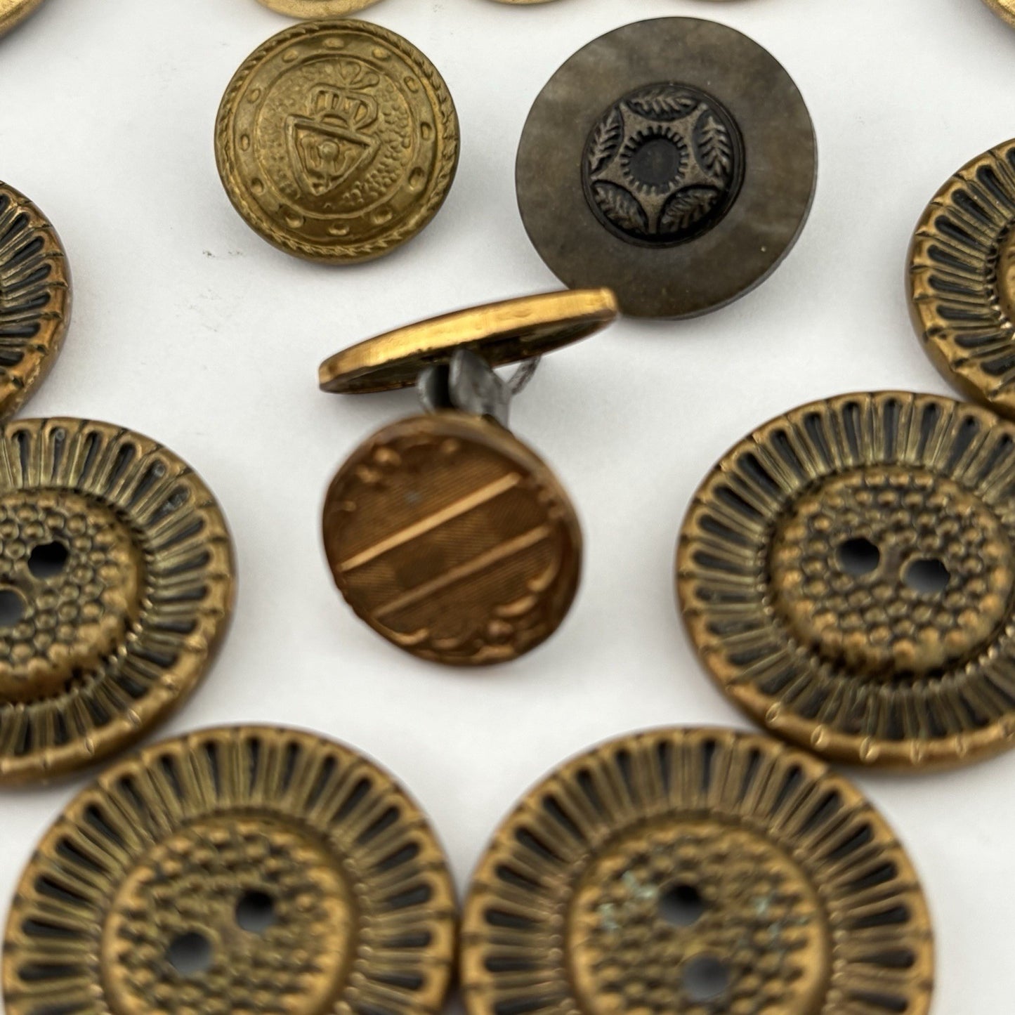 Vintage Brass Button Lot – Etched, Textured & Crest Designs in Bronze Tones, 24