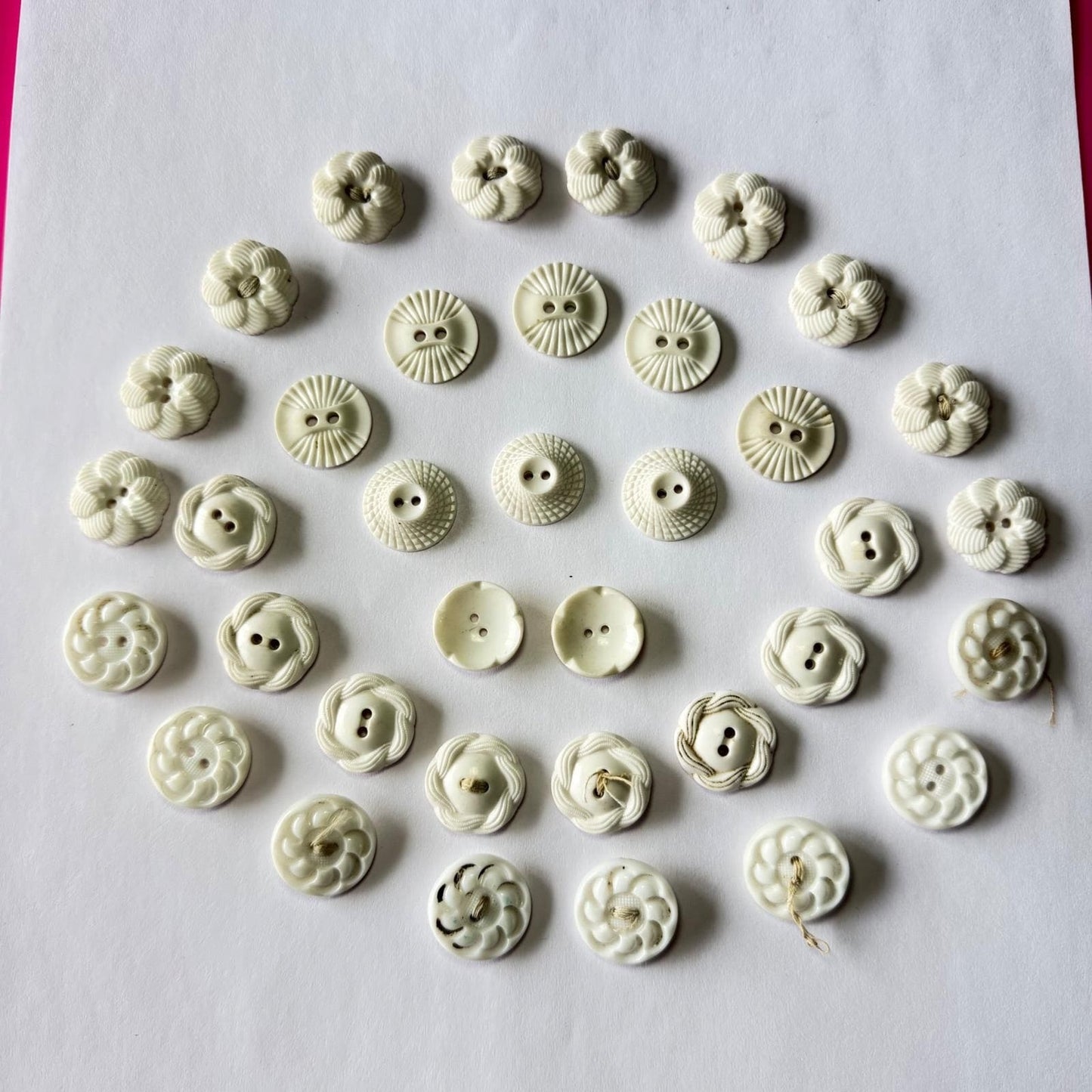 Antique Milk Glass Buttons Mixed Lot Floral Sunburst Victorian White 2Hole 36pc
