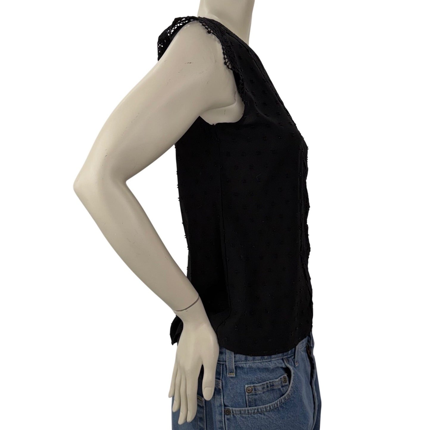 Women Black Sleeveless Blouse Swiss Dot Lace Trim Small Victorian Dark Academia