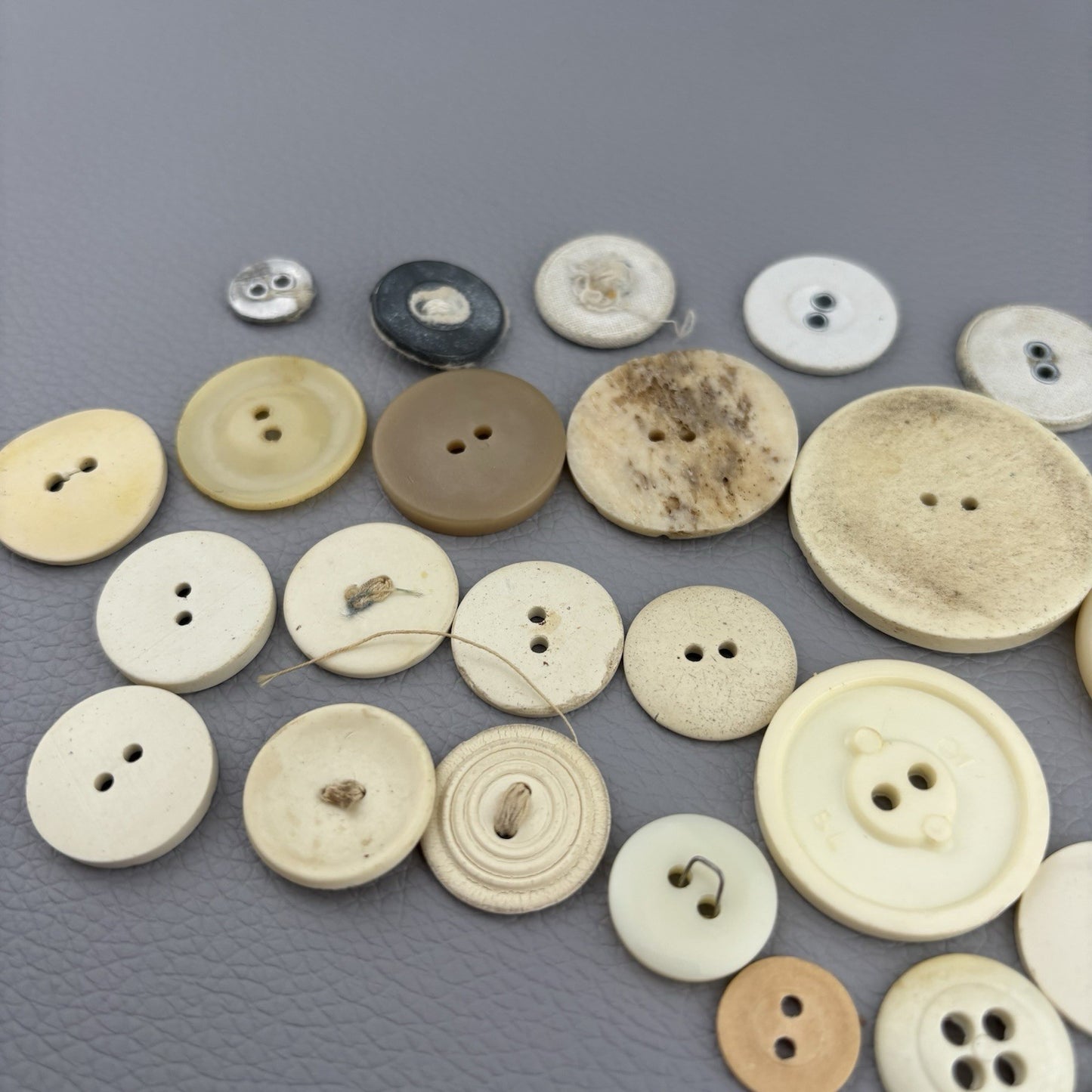 Antique Casein + Fabric Buttons Lot – Natural Ivory Beige Mix ~35pcs Early 1900s