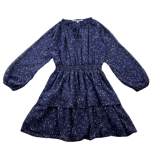 Hilary Radley Navy Print Dress Sz  Lrg Roll Tab Sleeve Drawstring Waist Casual