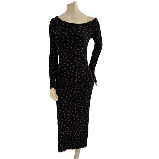 Black Floral Long Slve Waffle Bodycon Midi Dress Size Small Cottagecore Stretch