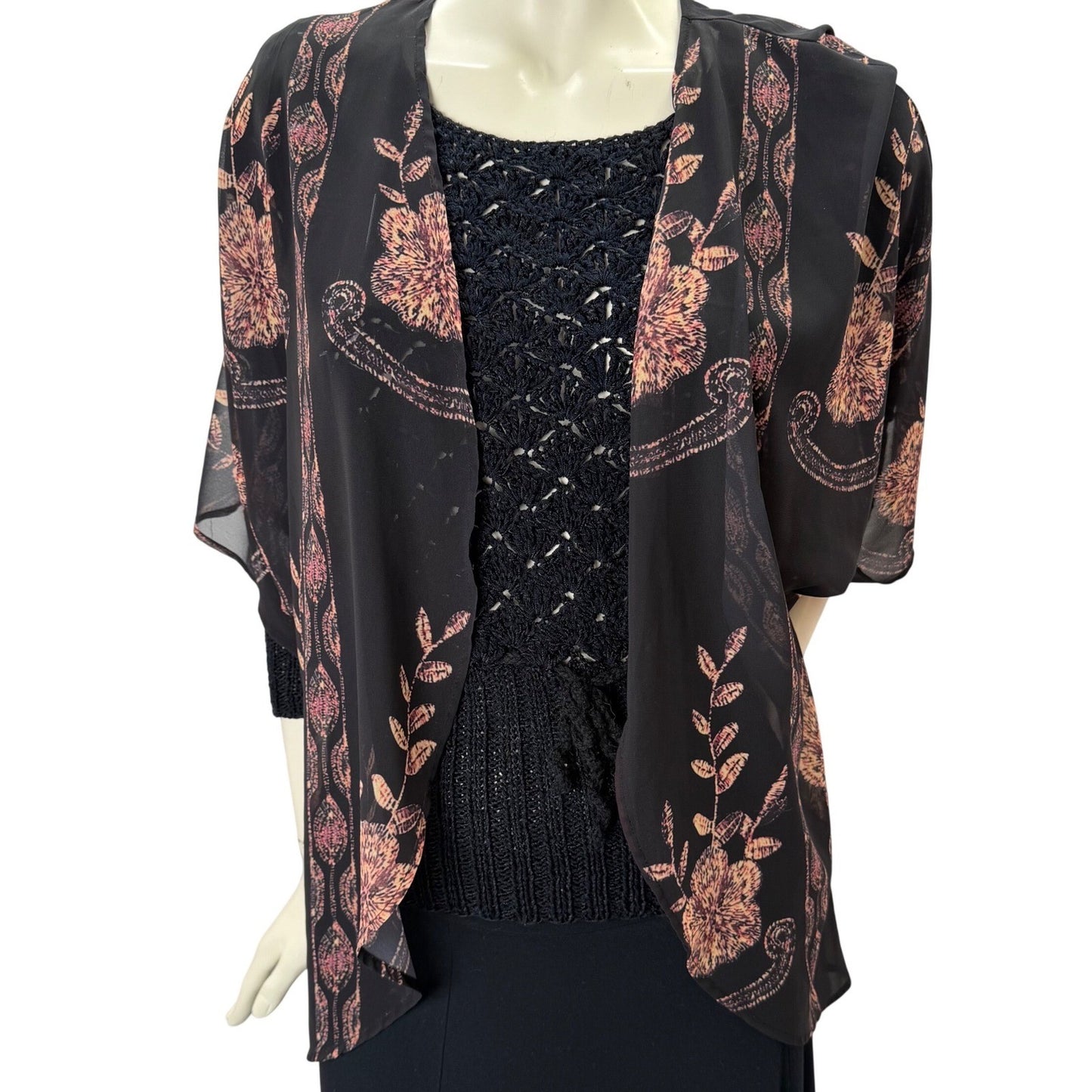 Womens Sheer Black Floral Kimono Wrap Open Front Draped Chiffon Boho Romantic