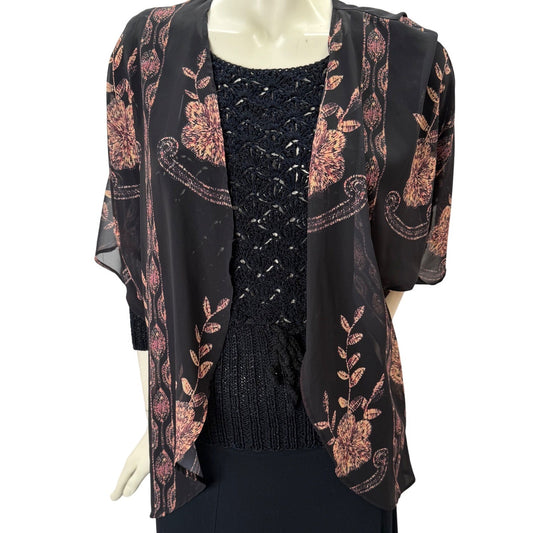 Womens Sheer Black Floral Kimono Wrap Open Front Draped Chiffon Boho Romantic