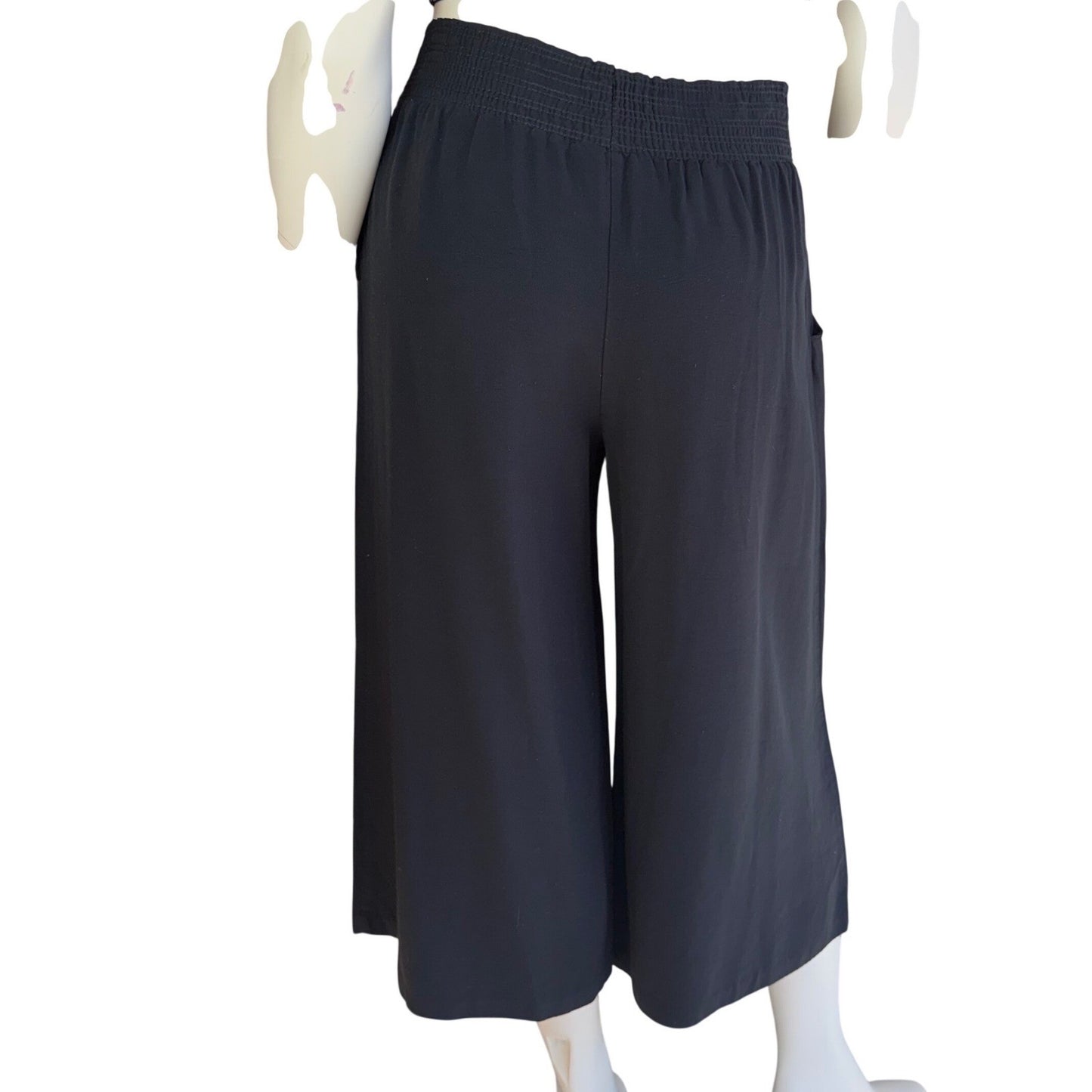 Vintage Wide Leg Pants Black Rayon Smocked High Waist Cropped Culottes Large
