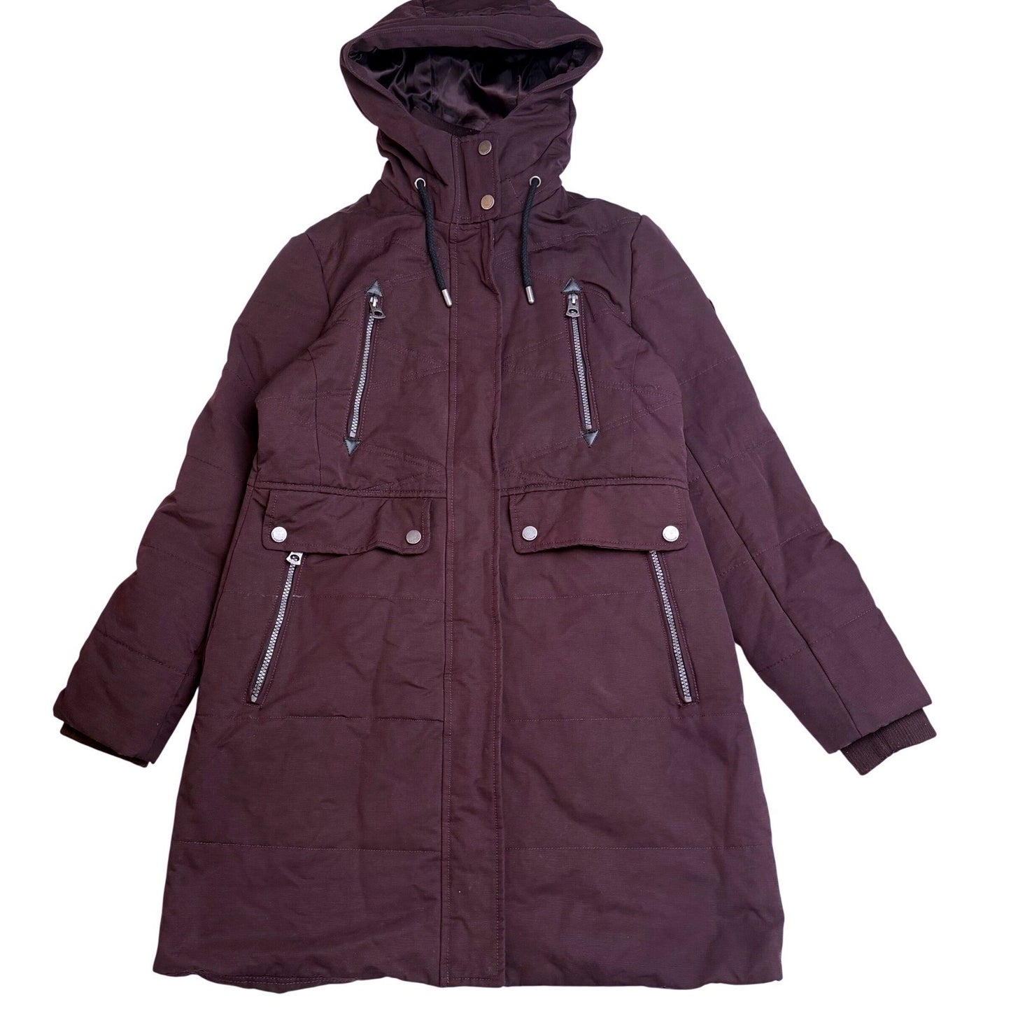 Lucky Brand Quilted Hooded Parka Jacket Burgundy Full Zip Pockets Womens Medium