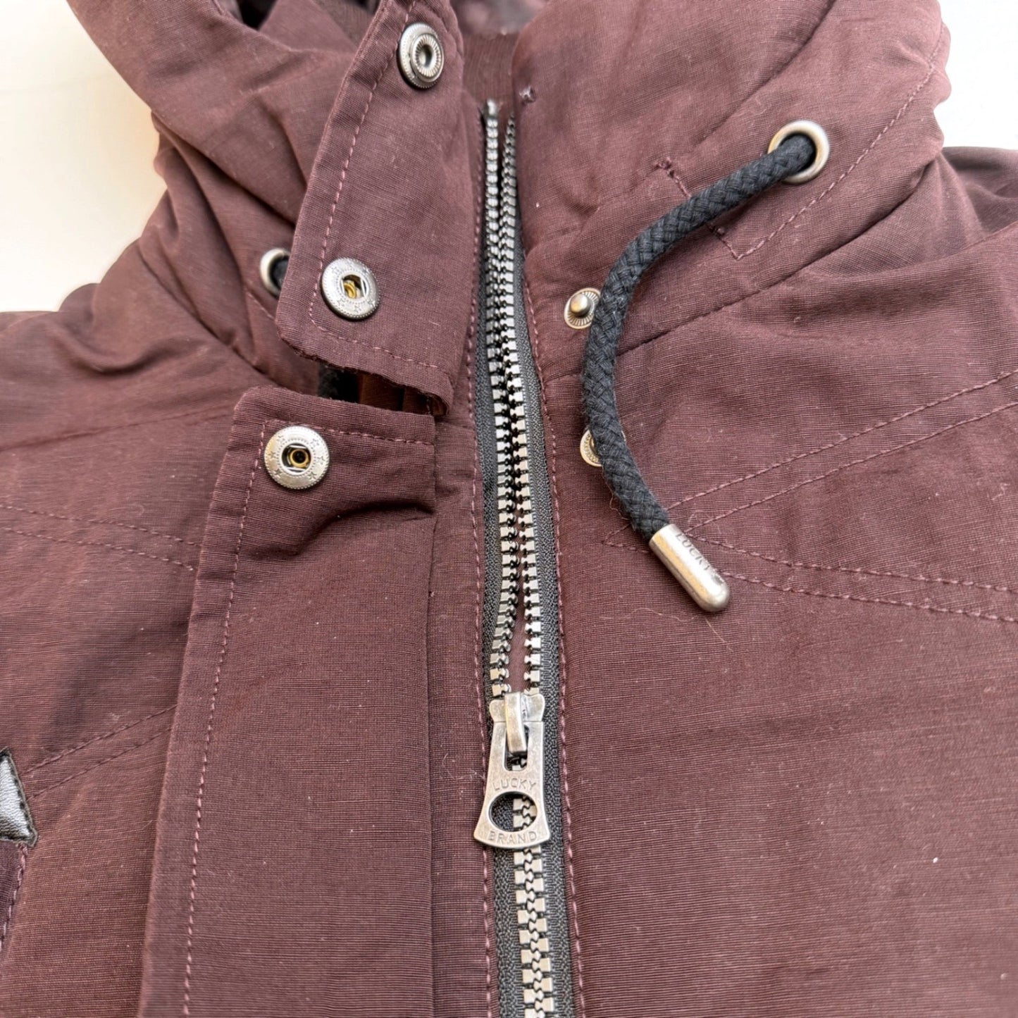 Lucky Brand Quilted Hooded Parka Jacket Burgundy Full Zip Pockets Womens Medium