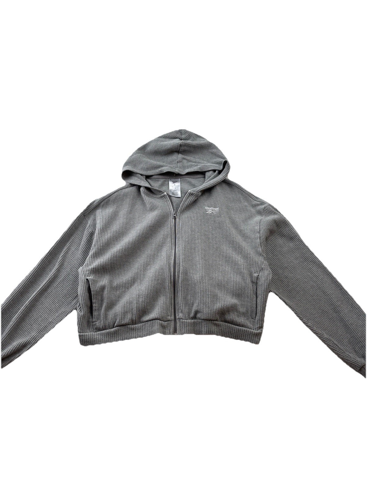 Reebok Women’s Gray Waffle Knit Cropped Zip Hoodie Jacket Size L Athleisure Gym