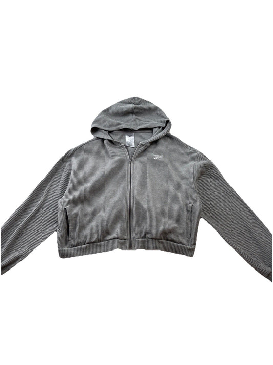 Reebok Women’s Gray Waffle Knit Cropped Zip Hoodie Jacket Size L Athleisure Gym
