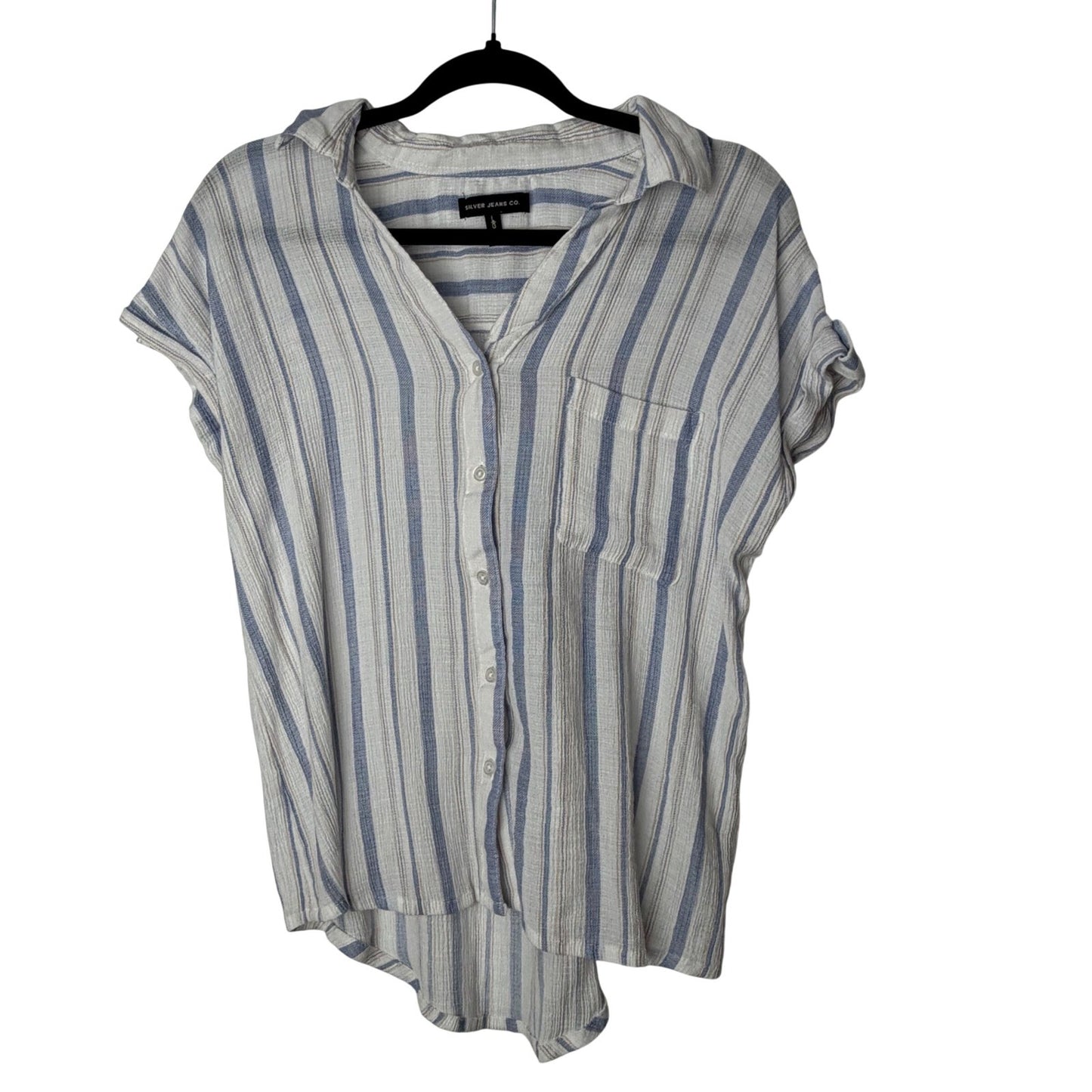 Silver Jeans Blouse Women's Large Blue Striped Gauze Button Down Short Sleeve