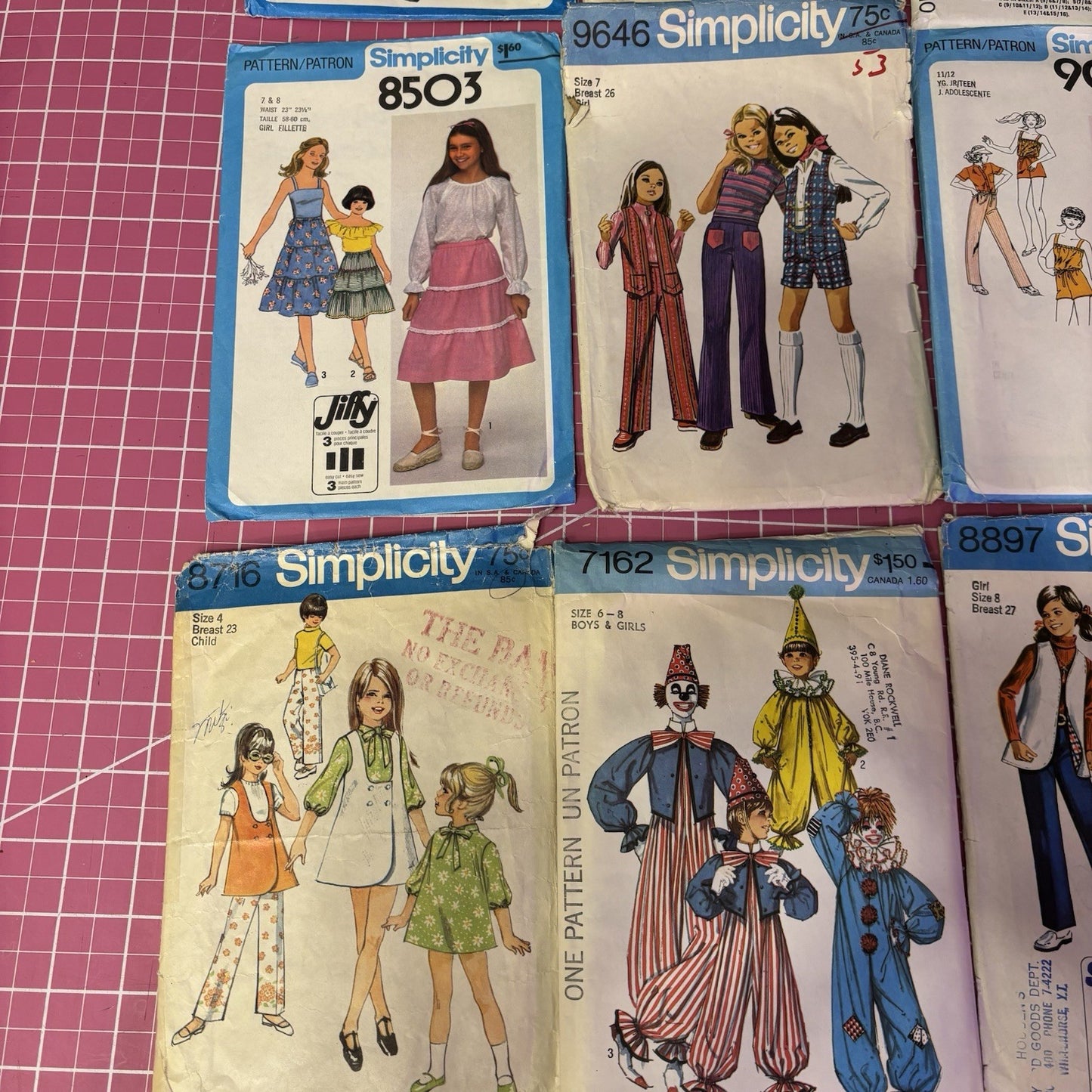 Vintage 70s Simplicity Sewing Patterns Lot (18) Kids & Teens Retro Outfits
