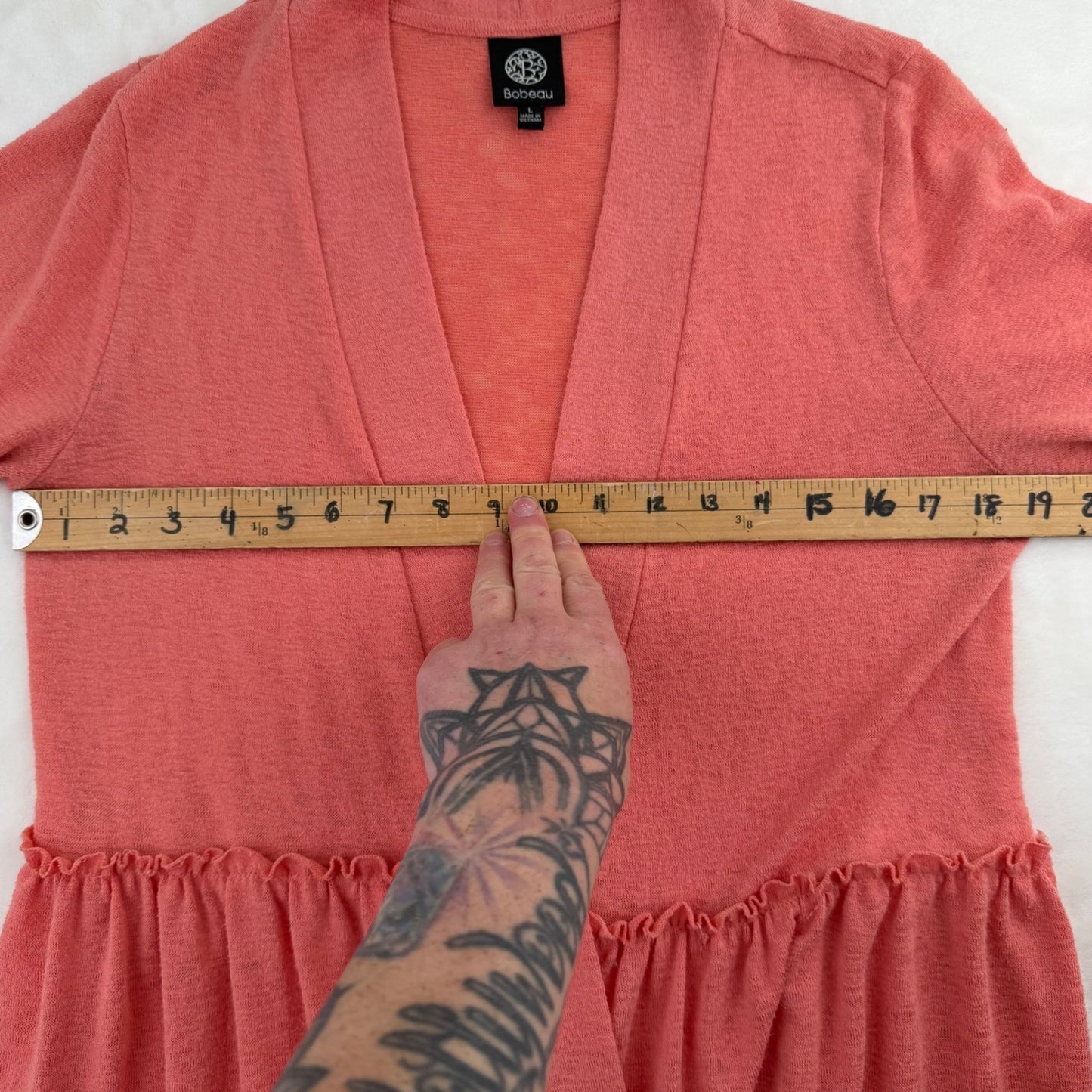 Bobeau Coral Pink Peplum Cardigan Ruffle Waist Shabby Chic Pastel Womens Large