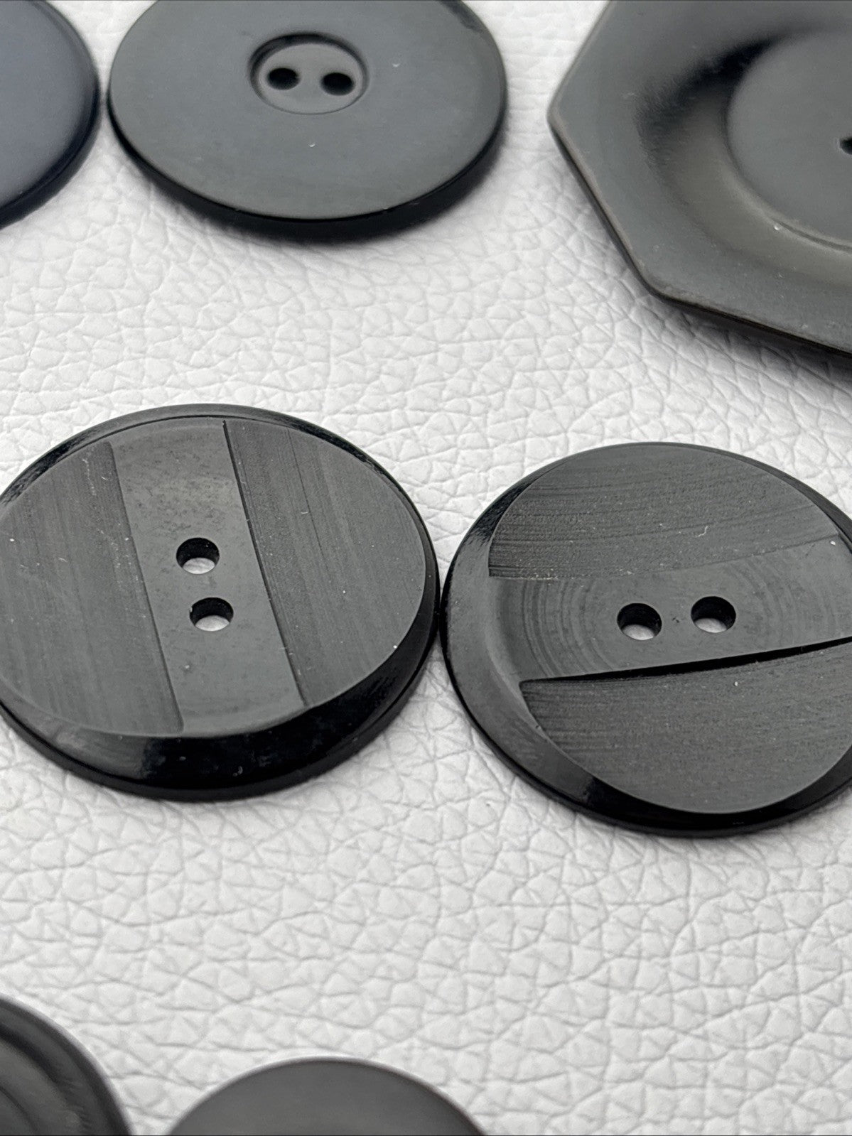 Vintage 1940s Black Bakelite Plastic Buttons Lot of 18 Carved Geometric Designs
