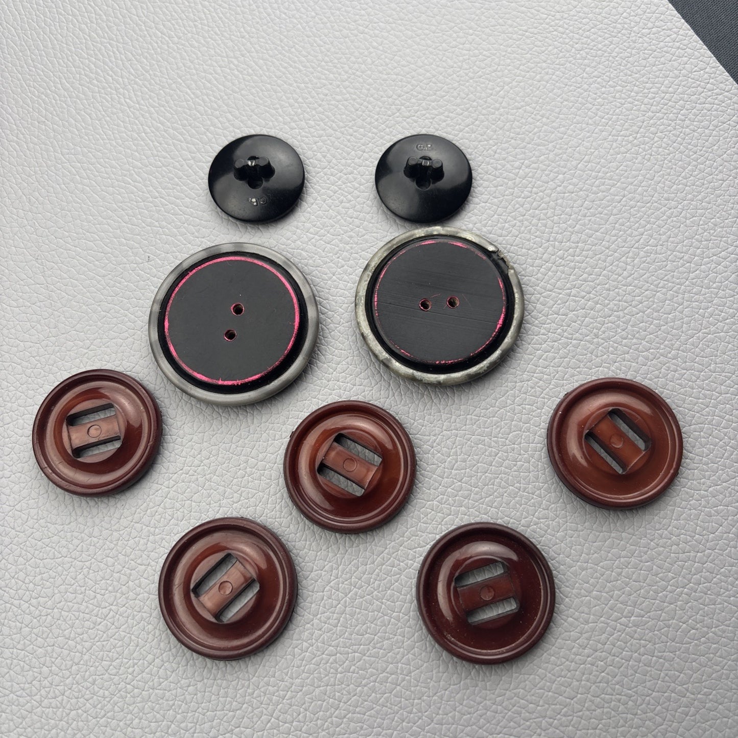 Vintage Casein & Bakelite Buttons Lot | Marbled Gray, Brown Slot, Black Shank
