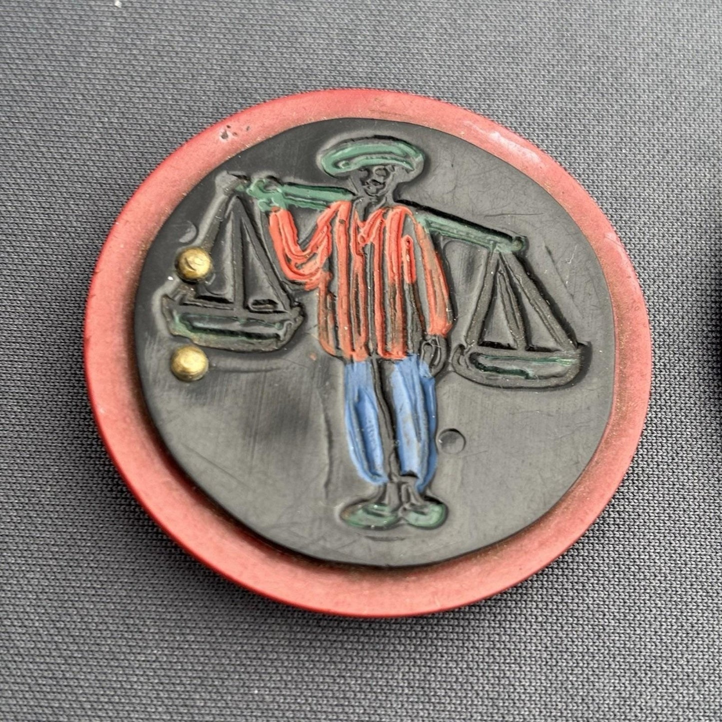Rare 1930s Hand-Painted Bakelite & Brass Buttons — Oriental Market Scene, Red