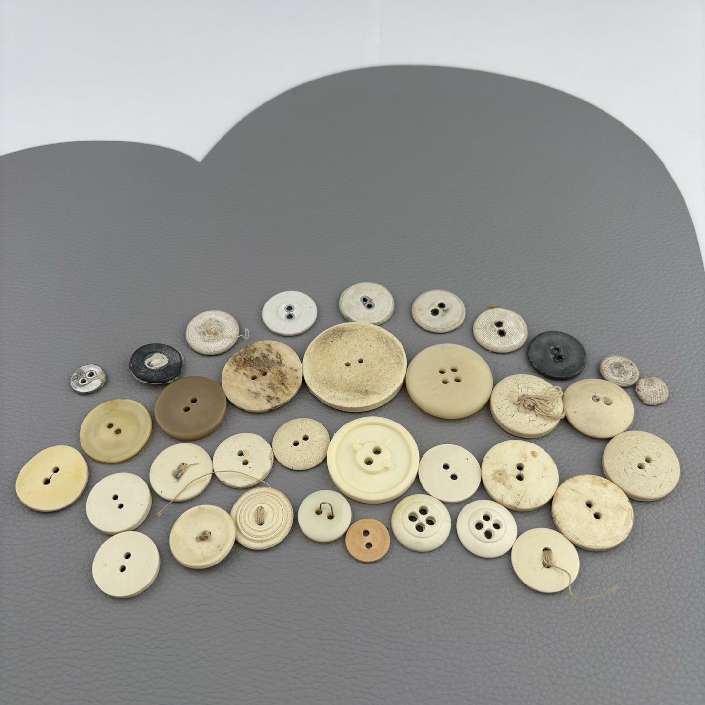 Antique Casein + Fabric Buttons Lot – Natural Ivory Beige Mix ~35pcs Early 1900s
