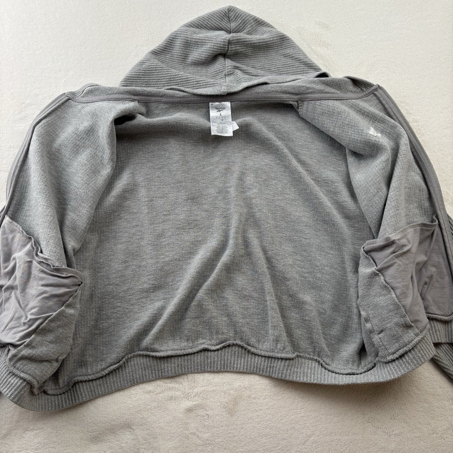 Reebok Women’s Gray Waffle Knit Cropped Zip Hoodie Jacket Size L Athleisure Gym
