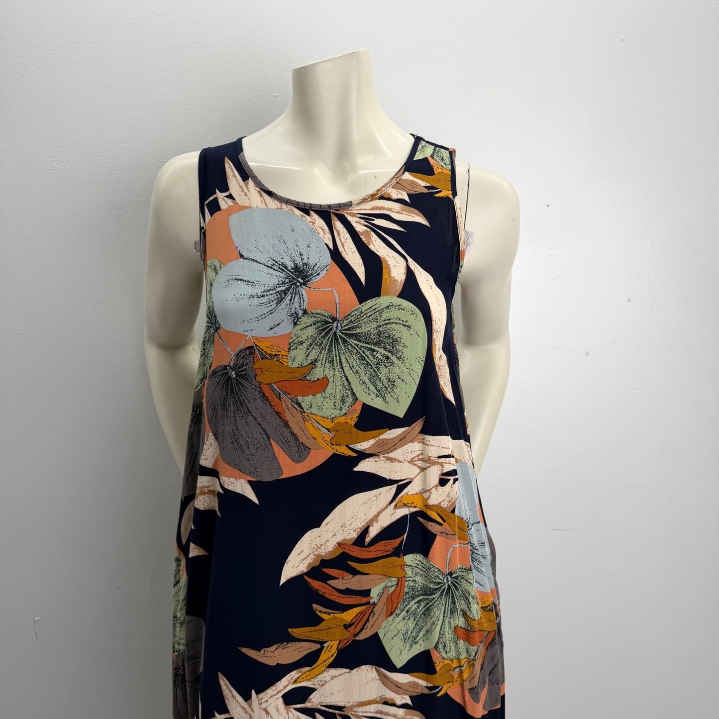 Tropical Leaf Print Sleeveless Maxi Shift Dress Medium Boho Naturecore Coastal