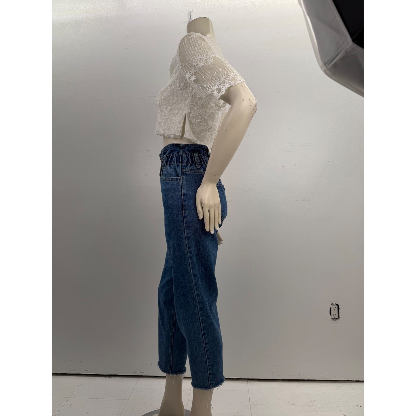 Oak + Fort High Waisted Paperbag Mom Jeans Denim Raw Hem Double Button Sz Small