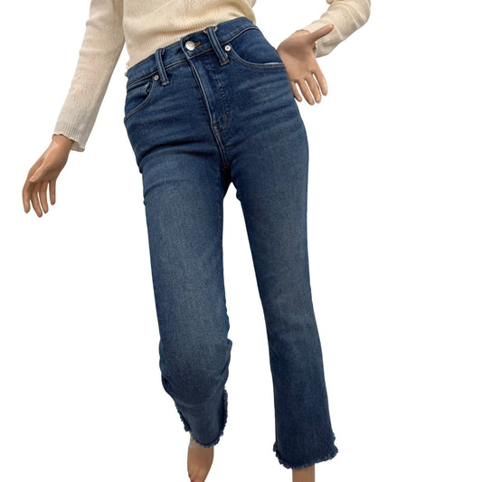 Madewell Jeans High Rise Cali Demi-Boot   Raw Hem Sz 24 Blue Wash Straight Leg