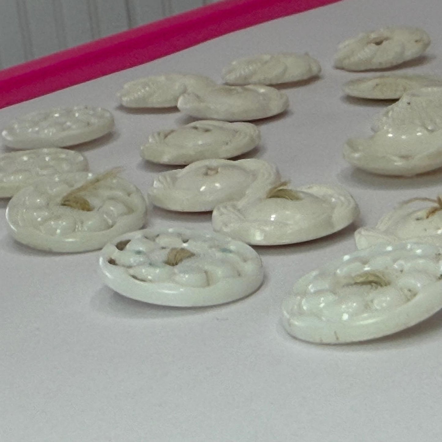 Antique Milk Glass Buttons Mixed Lot Floral Sunburst Victorian White 2Hole 36pc