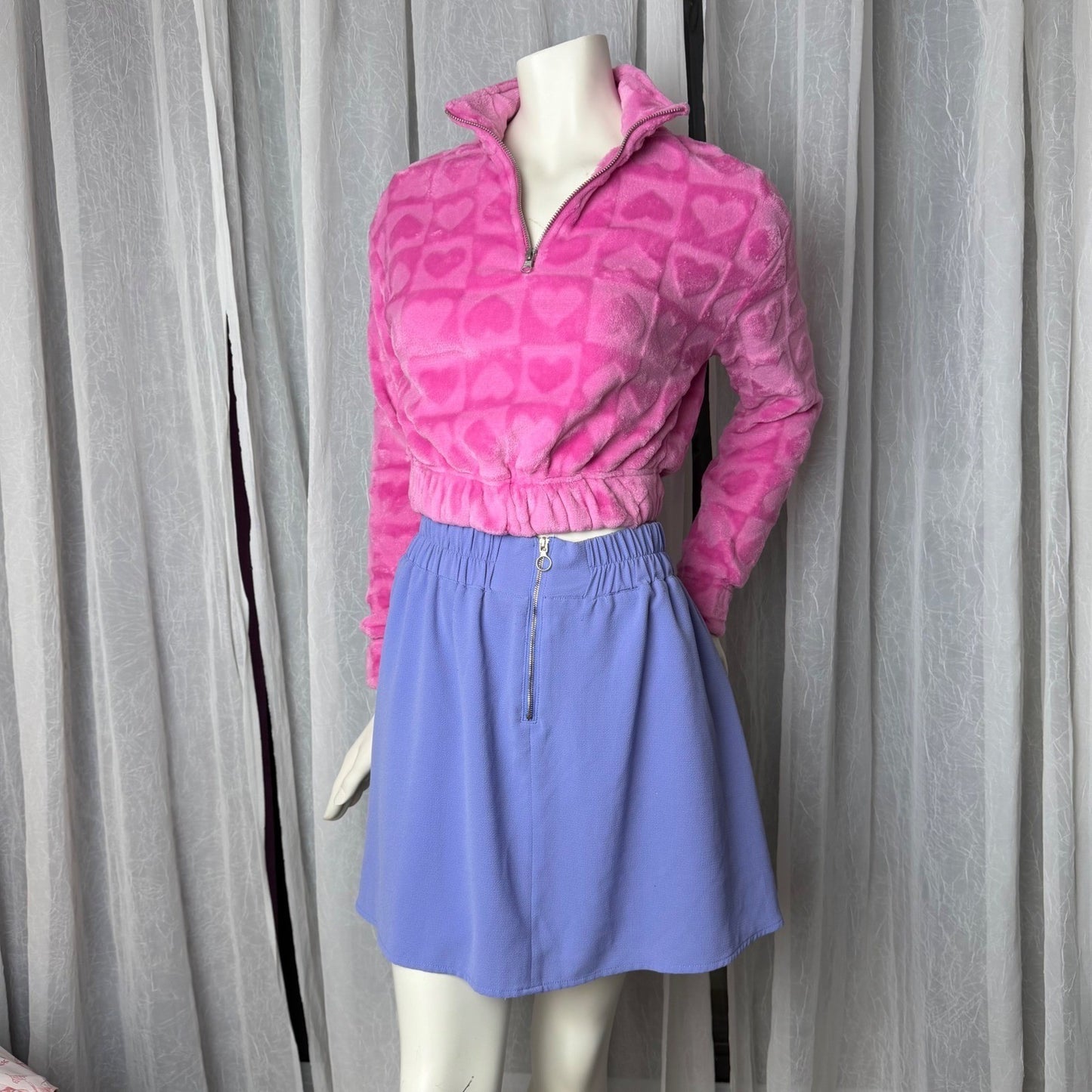 NOBO Pink Heart Pullover Plush Fleece Cropped Quarter Zip XS princesscore Y2K