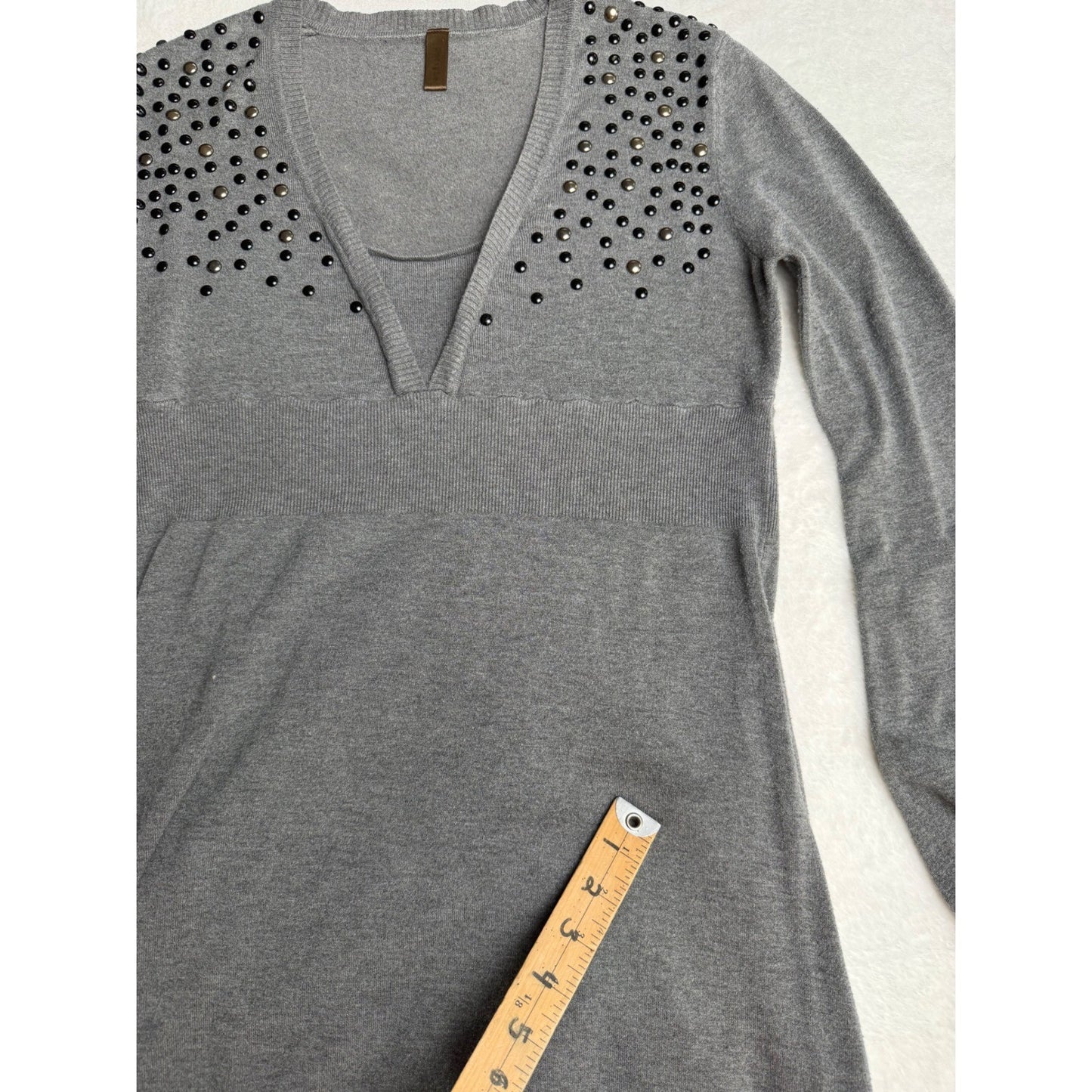 Danny Be Grey Studded Tunic Dress Balloon Sleeve Empire Waist Y2K Indie Sleeze