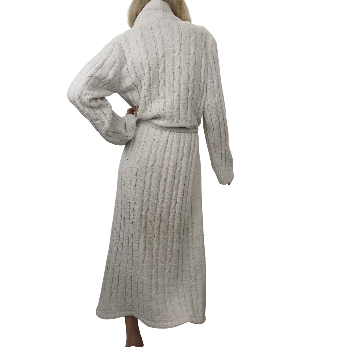 Vintage Cable Knit Robe Cream Loungewear Shawl Collar 80's  Womens Medium