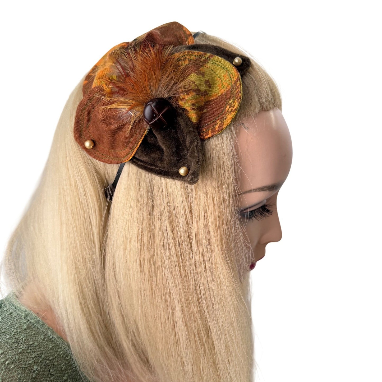 Handmade Floral Headband Feather Fascinator Velvet Autumn Earth Nature  OS