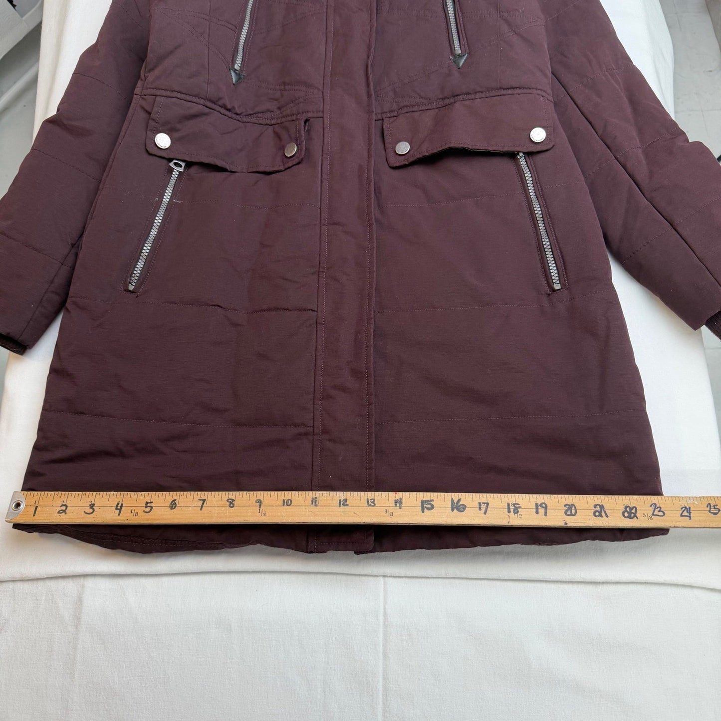 Lucky Brand Quilted Hooded Parka Jacket Burgundy Full Zip Pockets Womens Medium