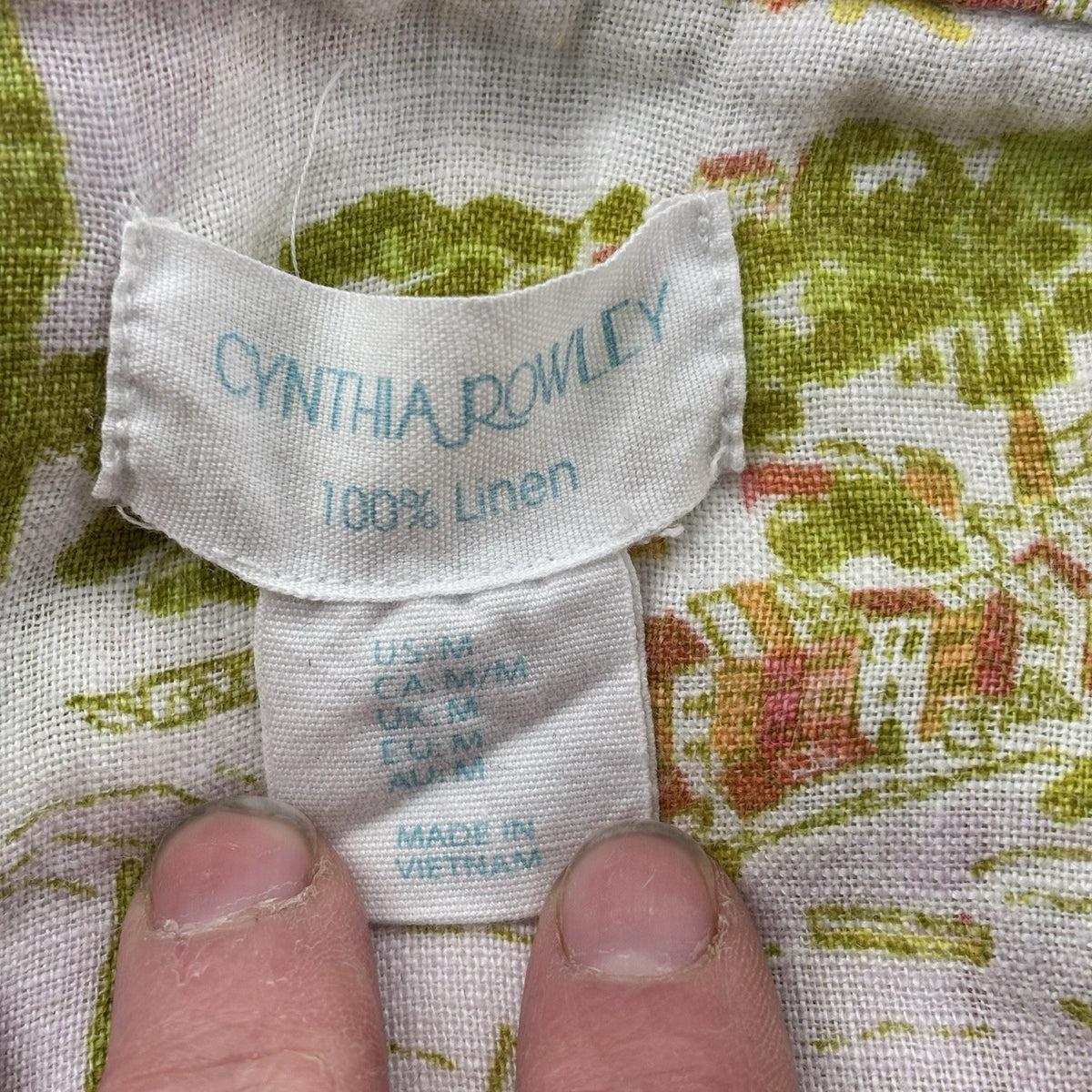 Cynthia Rowley 100% Linen Crop Shirt M Tropical Coastal Resort Print Button Vaca