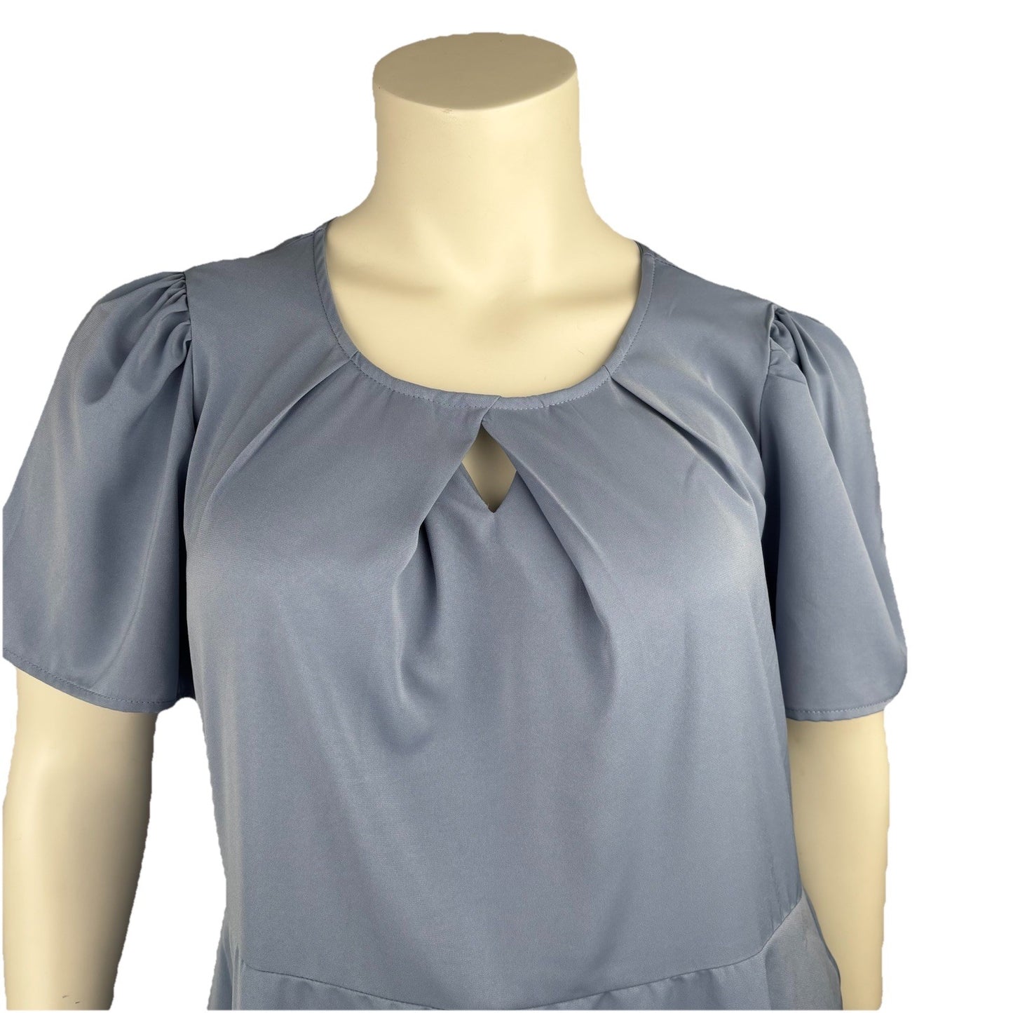 BloomChic Dusty Blue Puff Sleeve Midi Dress Size 14–16 Keyhole Neckline Pockets
