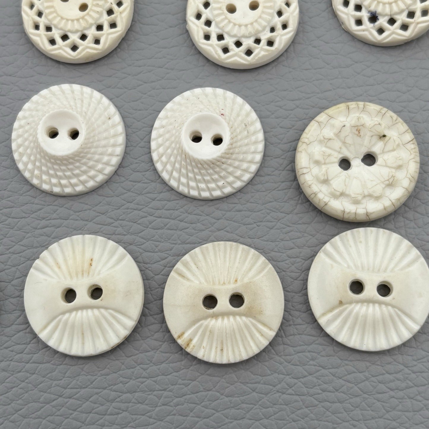 Vintage Carved Early Plastic Buttons – Antique White Floral & Pierced Mix 50 Lot