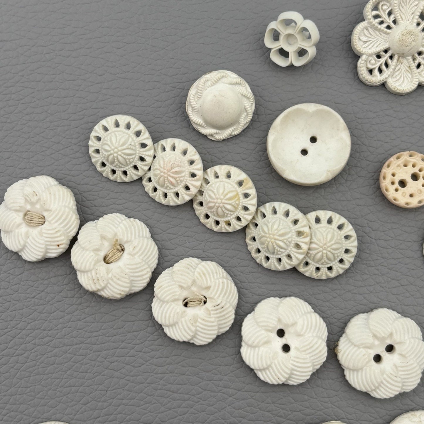 Vintage Carved Early Plastic Buttons – Antique White Floral & Pierced Mix 50 Lot