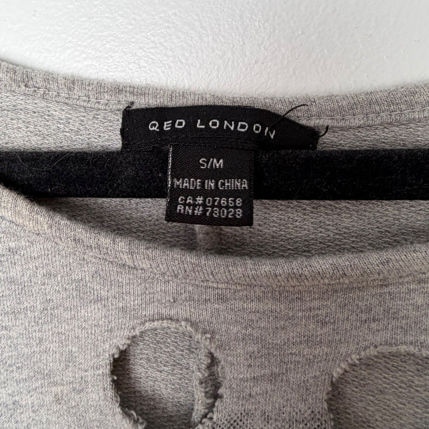 QED London Sweat Top Skull Graphic Distressed Laser Cut Top Gray S/M Punk Grunge