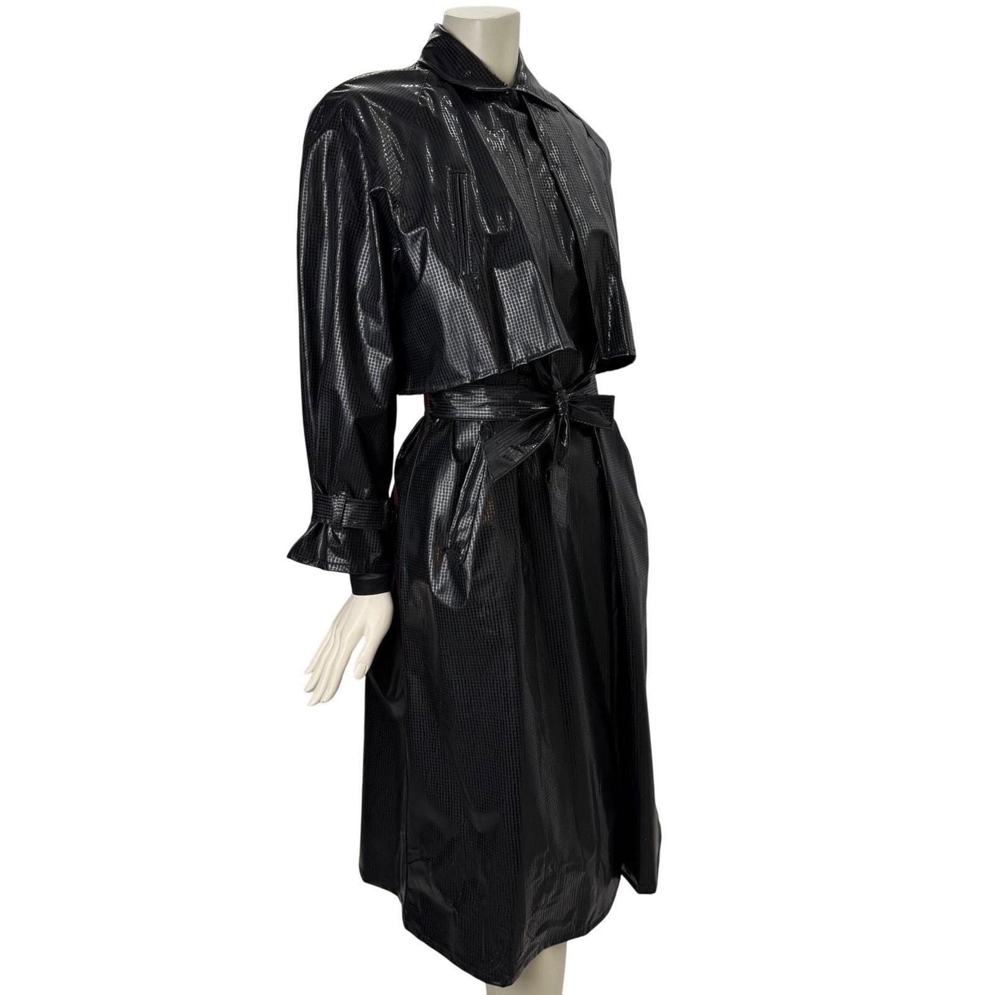 DJI Vintage Vinyl Trench Coat Black Glossy Grid Witchy Matrix Edgy M