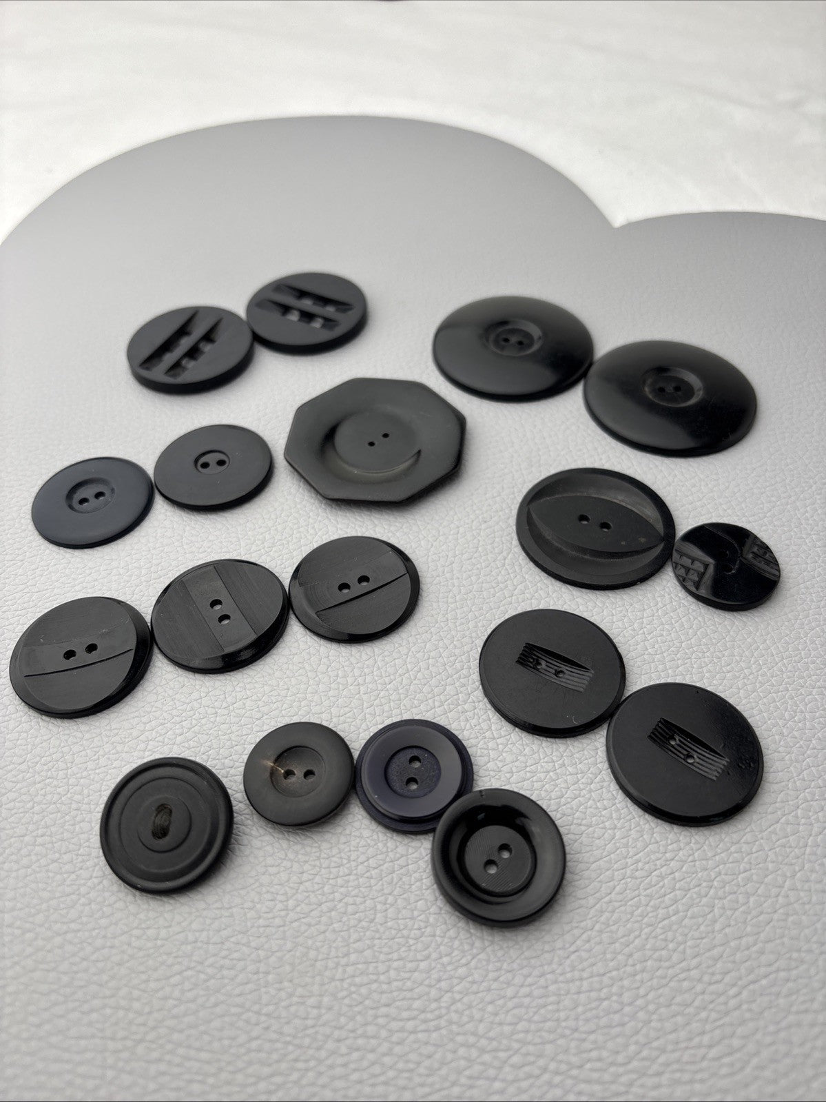 Vintage 1940s Black Bakelite Plastic Buttons Lot of 18 Carved Geometric Designs
