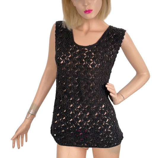 Vintage Crochet Tank Top Black Open Knit Shell Stitch Boho Parisian Chic Small
