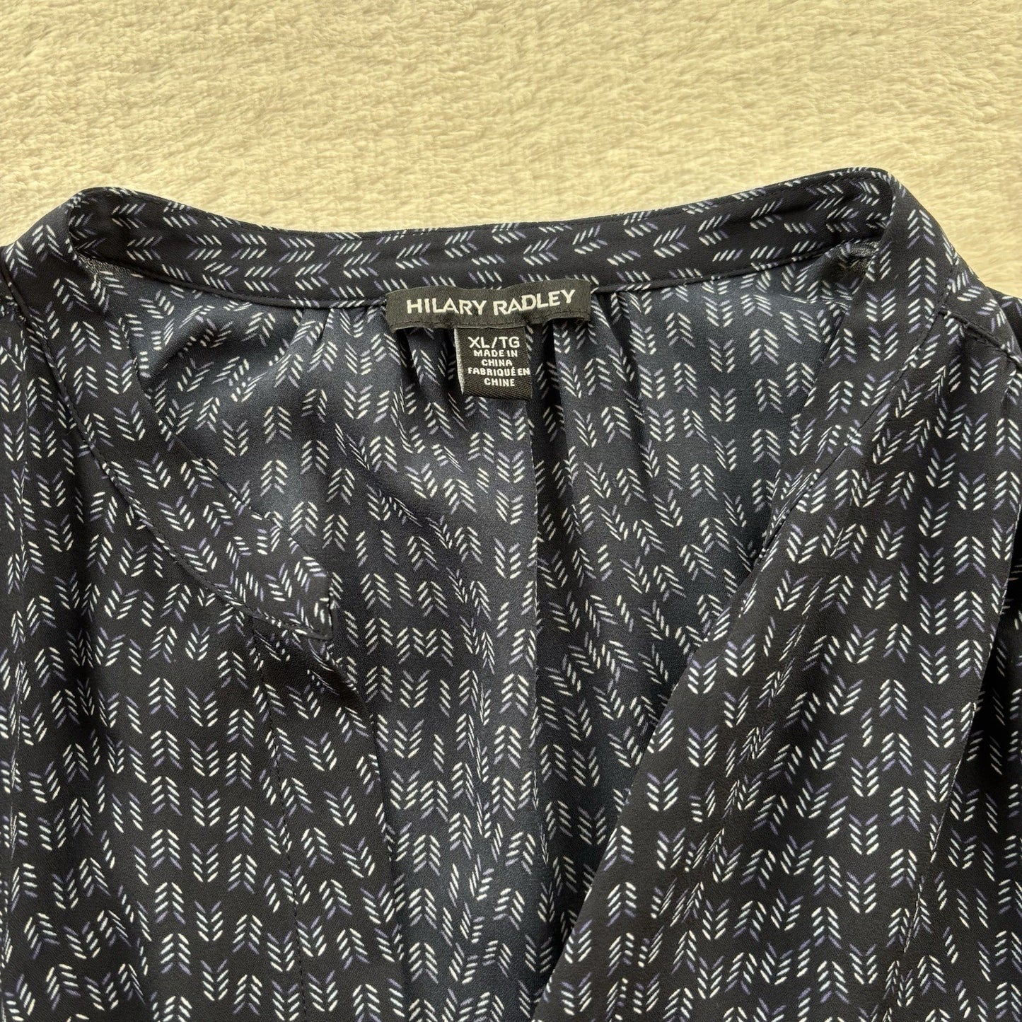 Hilary Radley Navy Print Dress Sz  Lrg Roll Tab Sleeve Drawstring Waist Casual